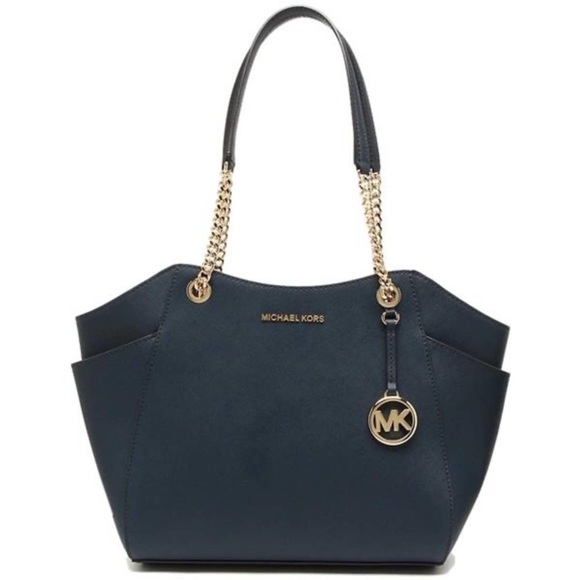 MICHAEL KORS Navy Blue Leather Jet Set Travel Gold-Tone Hardware Tote Handbag - Picture 3 of 16